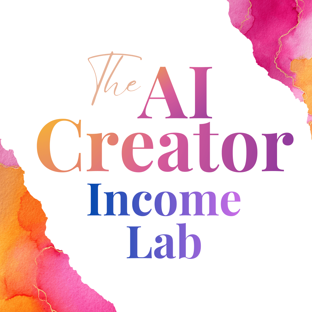 Colorful watercolor-style logo for "The AI Creator Income Lab" with gradient text in pink, orange, and blue hues on white background