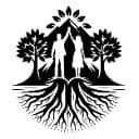 Silhouette logo: person meditating between two trees with intertwined roots, forming a unified nature-human design.