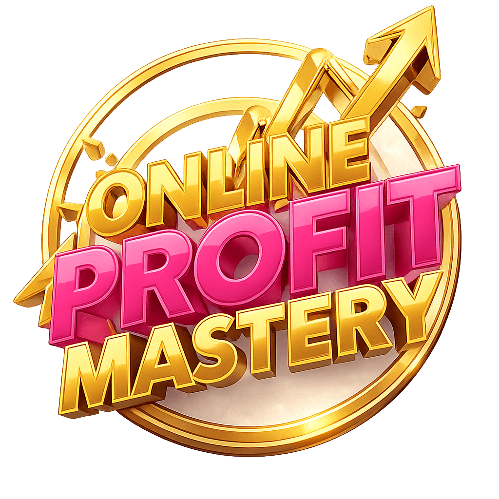 Logo for Online Profit Mastery featuring bold, colorful text and an upward arrow design.