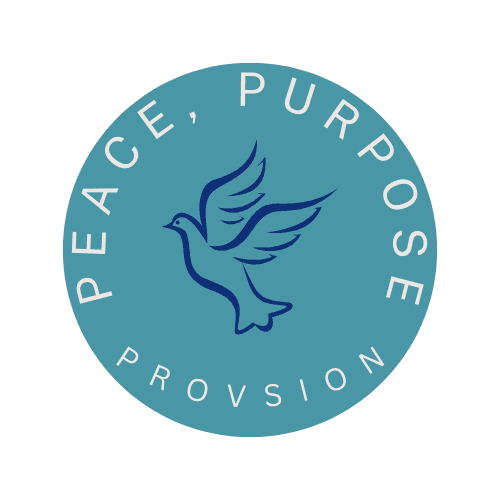 Circular teal logo with white dove silhouette in center and text "PEACE, PURPOSE, PROVISION" curved around the border
