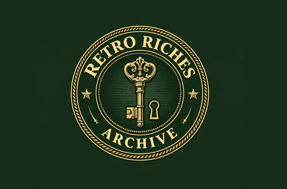 Circular logo for Retro Riches Archive, featuring a vintage key and decorative elements in gold on a dark green background.