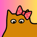 Cute cartoon cat with googly eyes wearing a pink bow, on a pink-to-yellow gradient background. SkoolHers community logo.