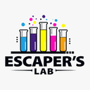 Colorful test tubes and beakers with bubbling liquid above text reading "ESCAPER'S LAB" in bold letters