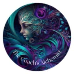 Circular logo "The Coach's Alchemist" featuring a mystical feminine profile amid swirling teal, purple, and blue decorative elements.